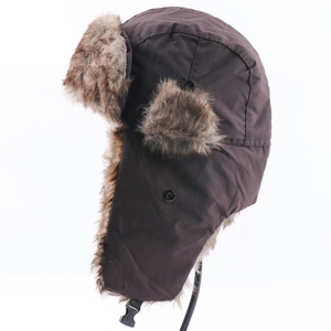 Detail view of winter trapper hat in dark brown with faux fur lining and chin strap