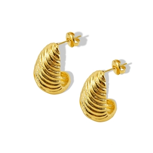 Detailed view of 18K gold plated stainless steel stud earrings with spiral textured pattern