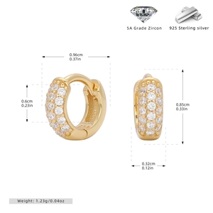 Detailed size specifications for gold S925 sterling silver hoop earrings with cubic zirconia