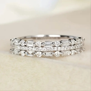 Elegant Multi Row Zirconia Copper Ring Baguette Round Cut Shiny Geometric Jewelry For Women Party Accessory