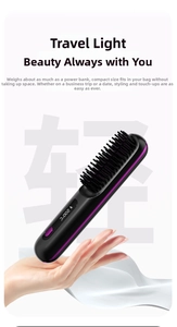 Close-up of portable cordless ionic hair straightener brush with digital LED display
