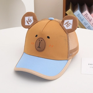 Detail of kids baseball cap featuring 3D bear ears with Hi embroidery and mesh back