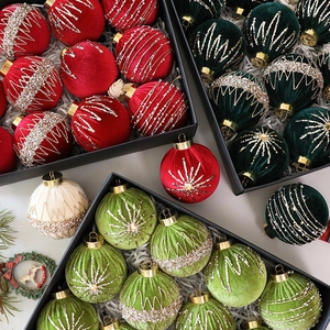 Velvet Christmas ball ornaments set with glitter patterns in elegant gift box