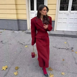 Elegant wine red slim fit long wool coat for women featuring a stylish waist design