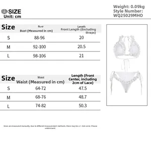 Detailed size chart for the sexy lace-trimmed bikini set with top and bottom measurements