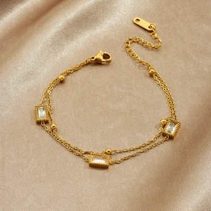 Double-layer gold plated stainless steel bracelet with rectangular zircon and metal beads