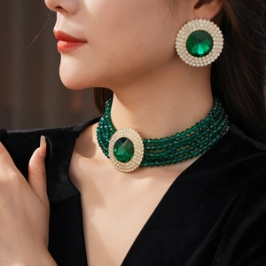 Detail of luxury emerald green crystal choker necklace and matching stud earrings set