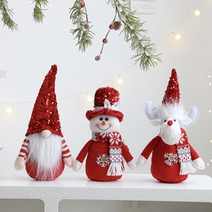 Christmas plush gnome, snowman, and reindeer figures with sequins for festive home decor