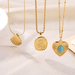 Stainless Steel Pendant Necklace Gold Plated Shell Sunflower Heart Turquoise French Retro Bohemian Style Jewelry For Women
