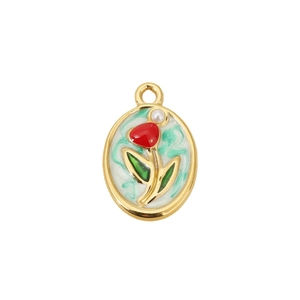 18K gold plated tulip enamel oval pendant with a small pearl and a golden metal frame