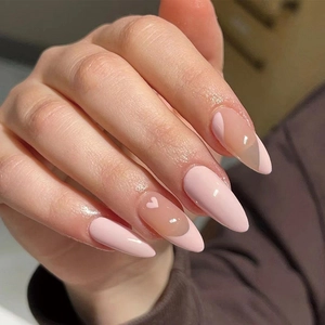 Almond Press On Nails Pink French Heart Pattern High Gloss False Nails Manicure For Women Elegant Sweet Style