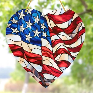 Patriotic heart-shaped American flag pendant with stained glass effect and hanging cord