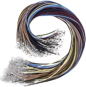 Close-up of assorted colorful 2mm wax cord necklaces with silver lobster clasps and chains
