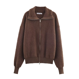 Women Boucle Fleece Bomber Jacket Stand Collar Zipper Solid Coffee Loose Winter Coat Outerwear