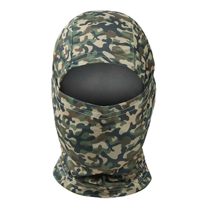 Detail of woodland camouflage balaclava showing breathable mesh lining and reinforced stitching