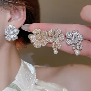 Flower Stud Earrings With Zircon And Artificial Pearl Tassel 925 Sterling Silver Earring Post Elegant Vintage Jewelry For Women
