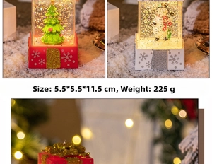 Light-up Christmas snow globe box with snowman and tree designs, 5.5x5.5x11.5cm detail