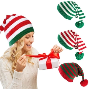 Christmas Knitted Santa Elf Beanie Hat Acrylic Striped Long Tail With Pompom For Adults Kids Holiday Party Festive Wear
