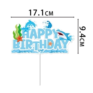 Blue ocean theme Happy Birthday cake topper with shark and dolphin motifs 17.1x9.4cm