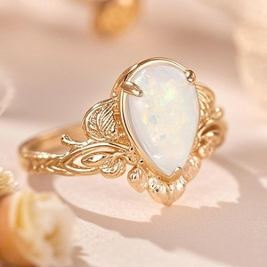Macro detail of pear-cut white opal ring with vintage gold leaf engraved texture