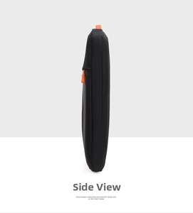 Slim laptop sleeve side profile with orange zipper detail and black nylon exterior