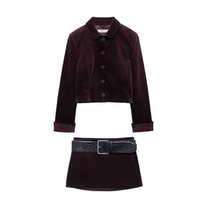 Ensemble Veste En Velours Et Mini-Jupe Avec Ceinture À Motif Crocodile Style Bureau Femme Bordeaux