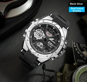 Detail of Sanda sport watch with black silver dual display dial and 50M water resistance