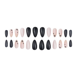 Almond shaped press-on nails set with black heart patterns and glossy finish