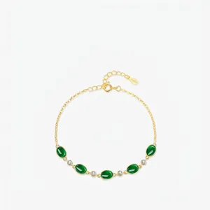 Elegant Vintage 925 Sterling Silver Bracelet Gold Plated Green Oval Gemstones Cubic Zirconia Adjustable Jewelry Women