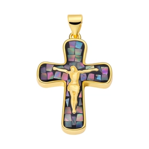 Detailed close-up of golden cross pendant with colorful abalone shell and crucifix