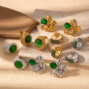 French vintage titanium steel C-shape gold floral earrings with emerald zircon stones