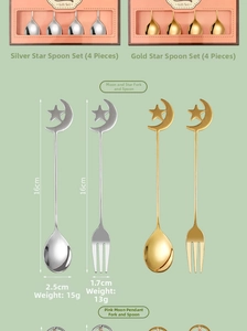 Detailed size specifications for gold and silver crescent moon star dessert spoons and forks