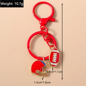 Detailed view of red rugby helmet keychain with specific dimensions and weight details