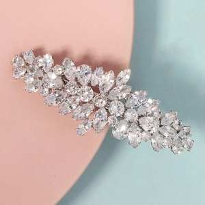 Vue détaillée d'une barrette en zircon argenté avec motifs floraux étincelants en cristal