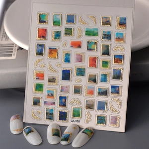 Vintage oil painting nail stickers with gold foil frame and impressionist sunset art