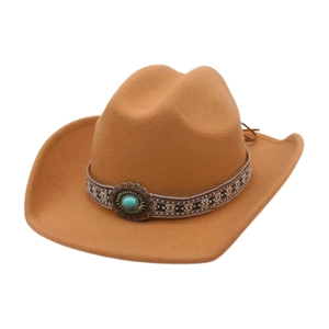 Detail of camel felt cowboy hat featuring ethnic jacquard band and turquoise stone accessory