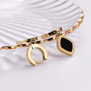 Fashionable golden square hoop earrings with black geometric rhombus pendants for women