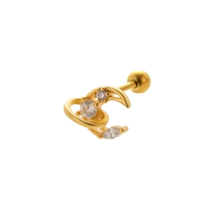 Detail of gold crescent moon and heart stud earring with zircon stones on white background