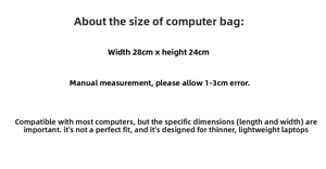 Size guide for cartoon padded laptop bag showing 28cm width and 24cm height dimensions