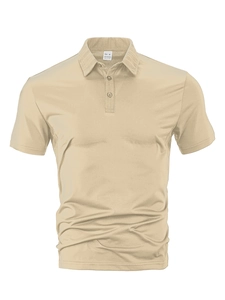 Detail view of khaki polo shirt collar featuring the size M and 100% polyester fabric label
