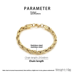 Detail view of 6mm gold braided chain bracelet in stainless steel with parameter specs