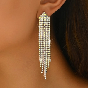 Close-up of sparkling colorful AB rhinestone waterfall long tassel drop earrings on model