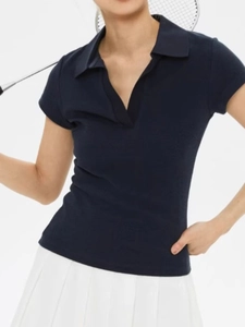 Retro slim fit navy blue polo shirt with lapel collar for women's athletic tennis wear