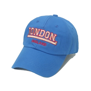 Blue cotton baseball cap featuring vintage London England embroidery and curved brim