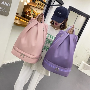 Pink and purple Oxford cloth swim bag with wet dry separation and shoe compartment