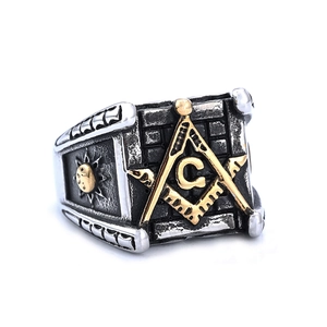 Vintage stainless steel Freemason sun moon ring with compass square logo in silver and gold