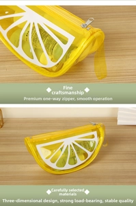 Detail of cute lemon shaped waterproof PVC makeup bag with a yellow zipper and carry handle