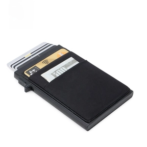 Slim black RFID blocking metal card holder wallet with elastic pocket and pop-up slide lever