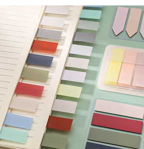 Close-up of Morandi color translucent PET index tabs applied on a notebook page