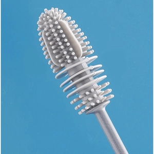 Grey silicone bottle brush head with long handle for cleaning thermoses and glass cups
